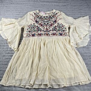 UMGEE Embroidered Lined Mini Dress Large Boho Peasant Flowy Gauze Bell Sleeve